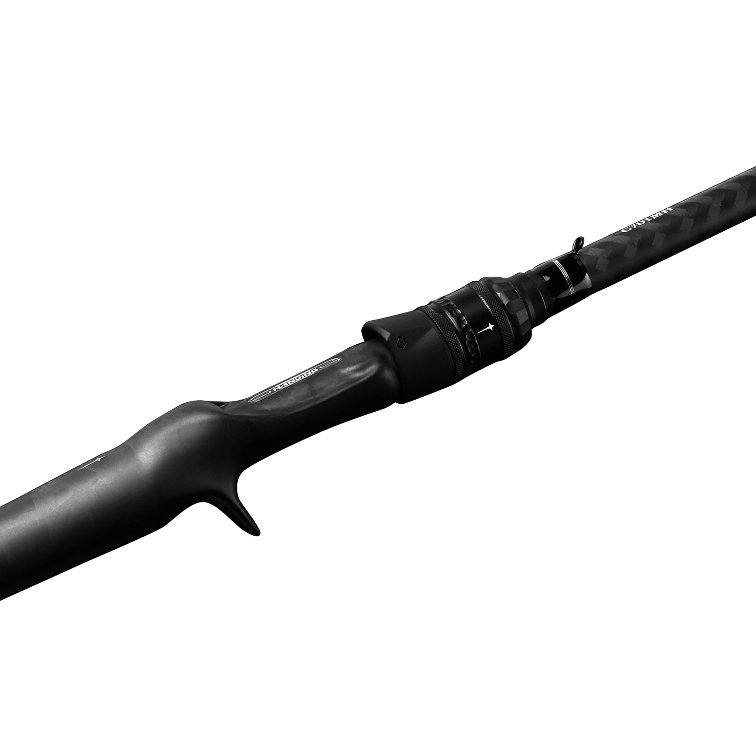 Ergonomic handle and reel seat of a black casting rod