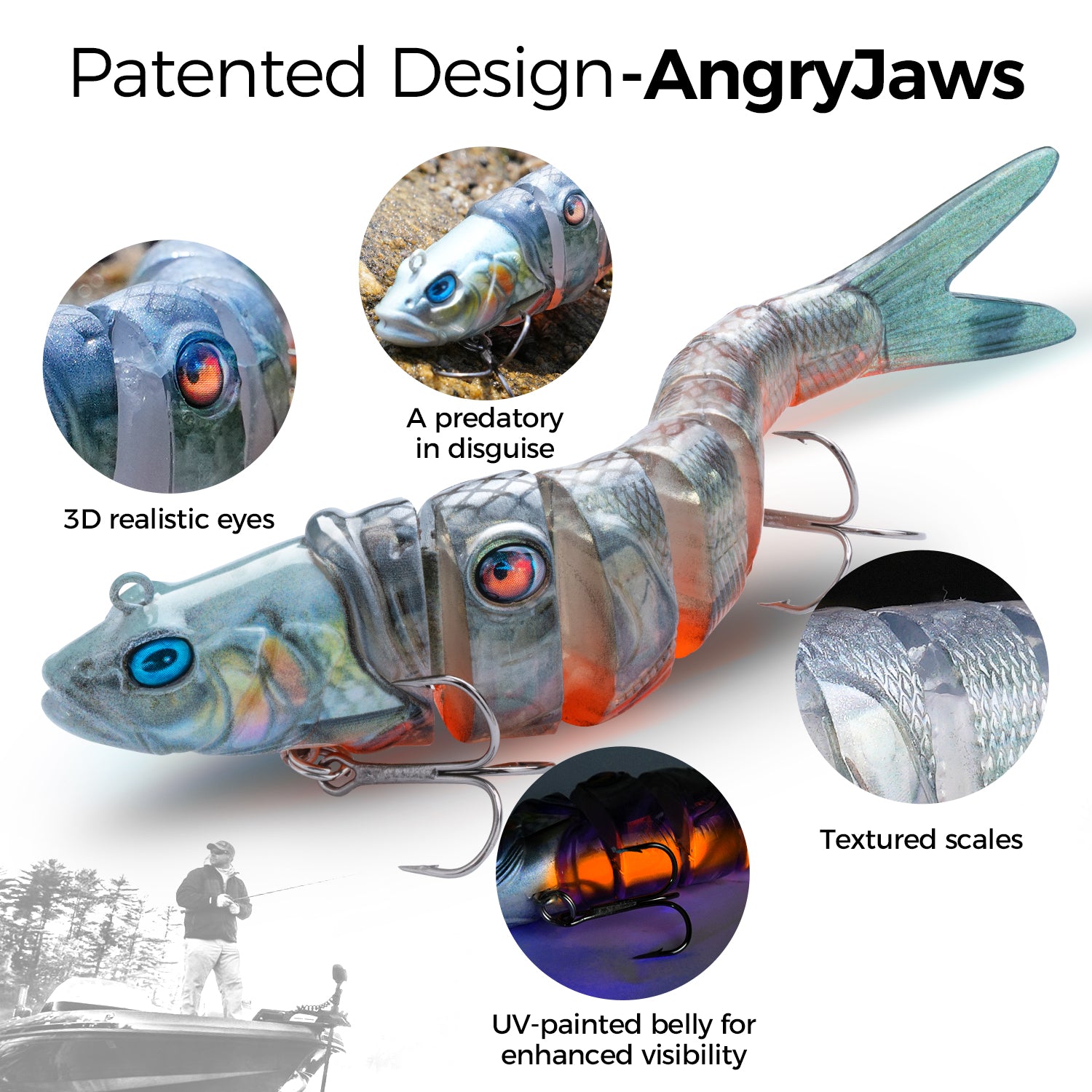 HANDING M1 8-Segment Swimbait: Patented AngryJaws design, 3D eyes, and UV belly