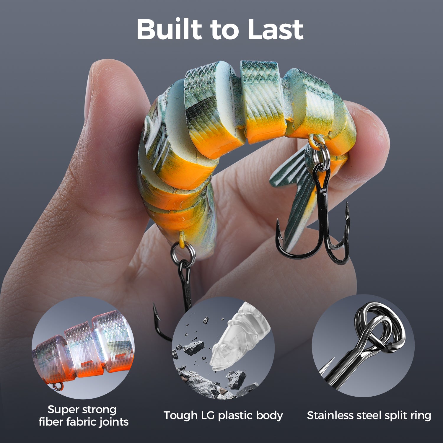 HANDING M1 Swimbait features: durable fiber joints, LG plastic, and stainless steel rings