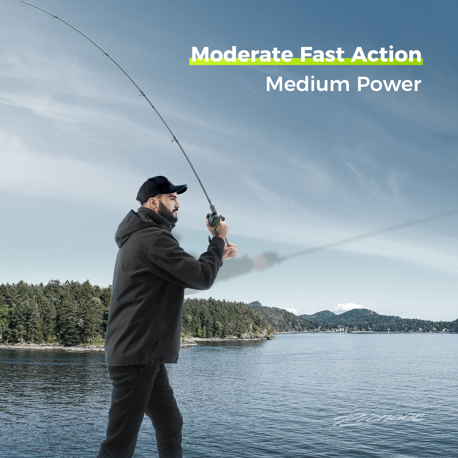 angler fishing with moderate fast action rod by mountain lake